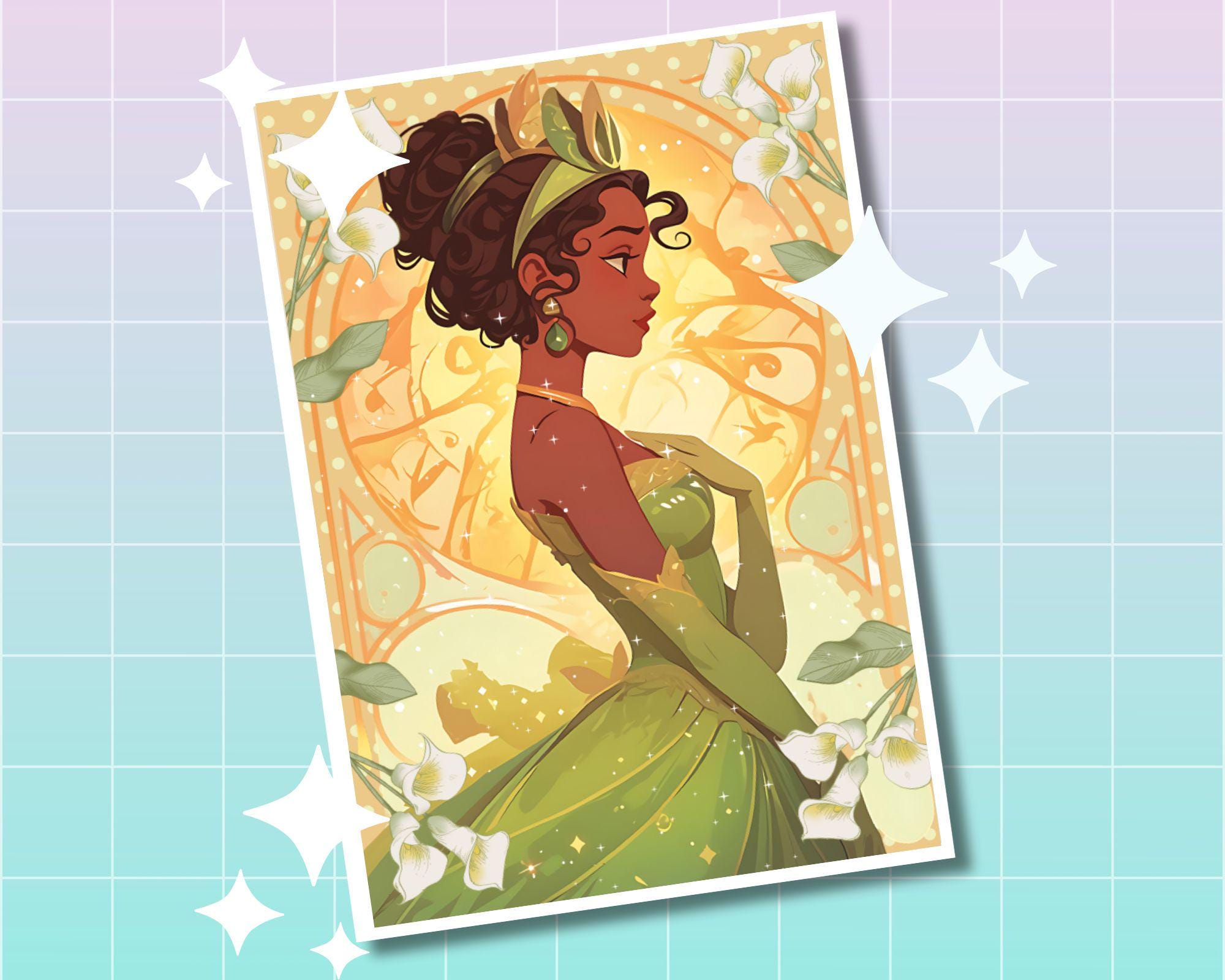 Tiana Princess Print, Mucha print,Tiana Postcard print,Princess Postcard,Princess Tiana art,A5 postcard print,princess and frog print
