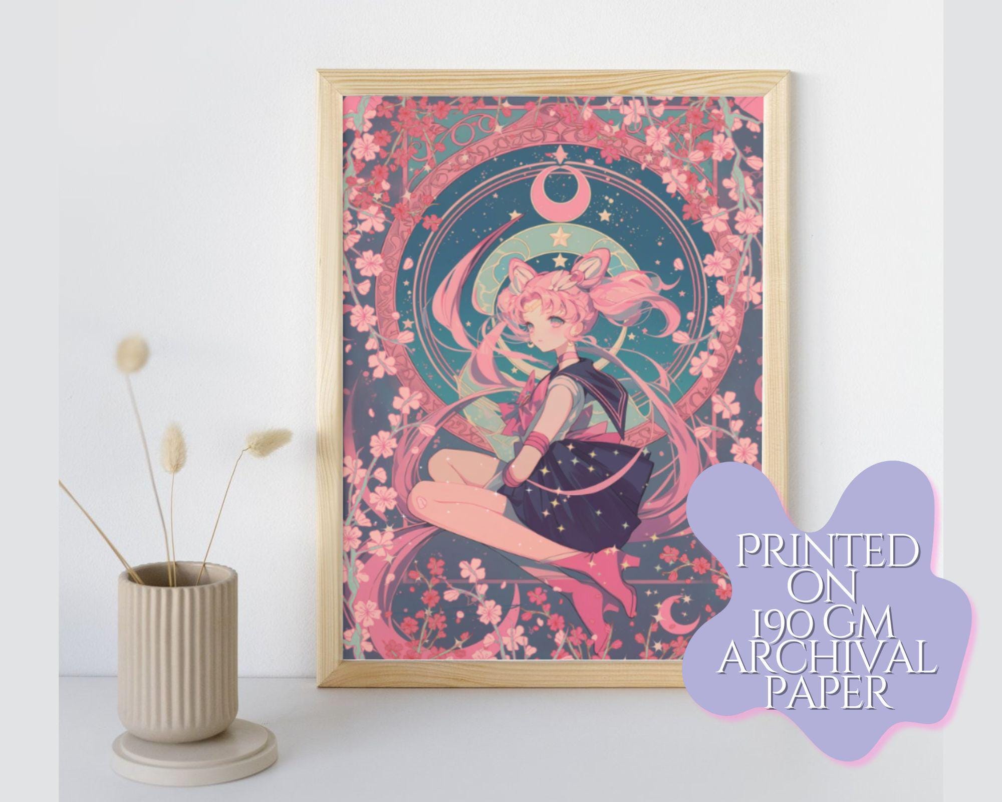 Moon Girl Print, Moon Art Deco,pink haired girl in style of Alphonse Mucha,Sailor art,CMoon art, Usa art
