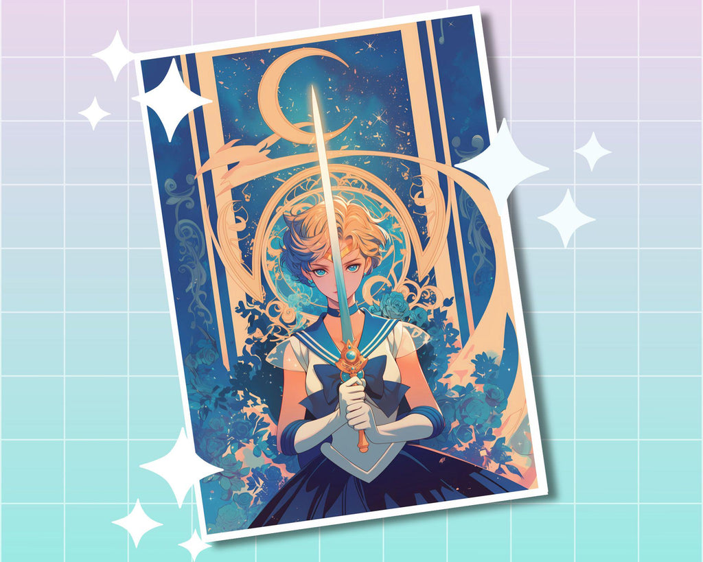 Uranus Print, SailorArt Deco,Uranus in style of Alphonse Mucha,Uranus art, Moon art,warrior girl art, girl guardian sword print