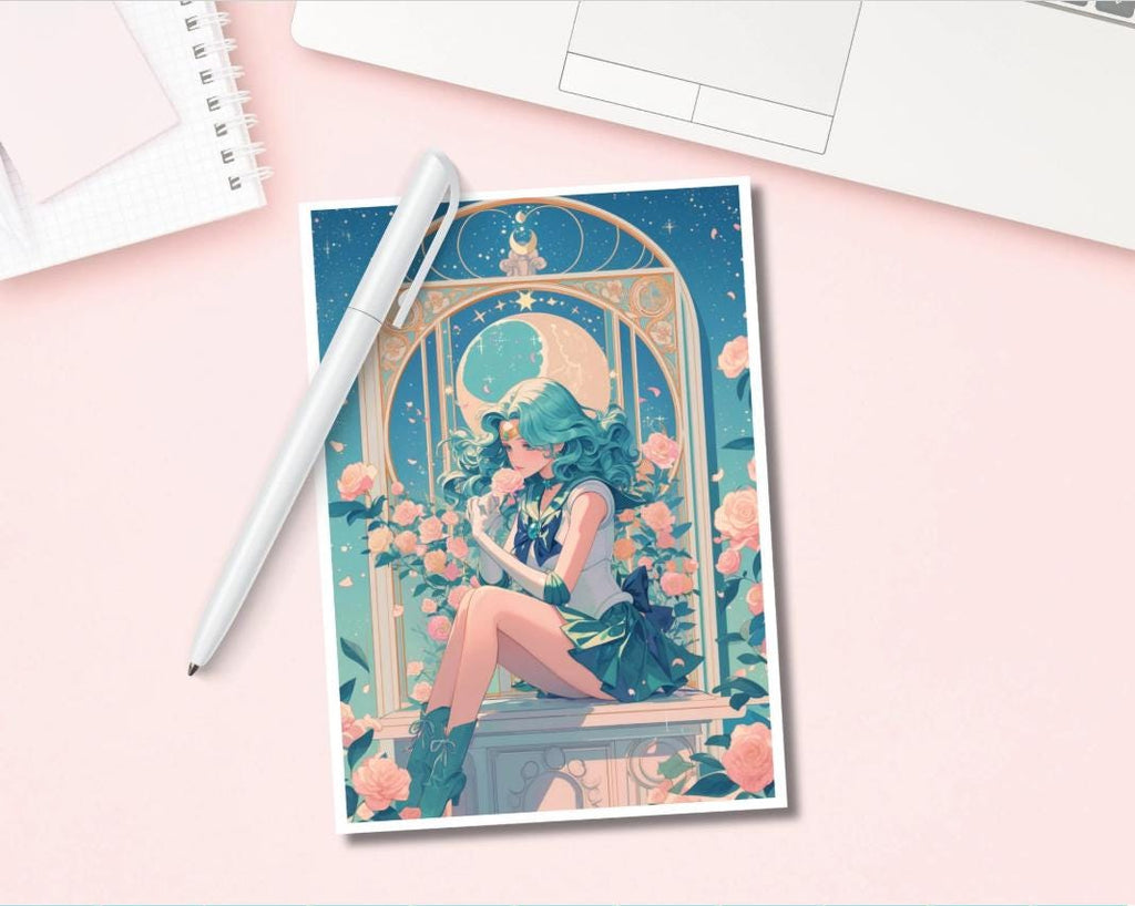 Neptune Print,Mucha, Sailor in the style of Alphonse Mucha, Neptune art,Moon art,A5 postcard print,Art Nouveau