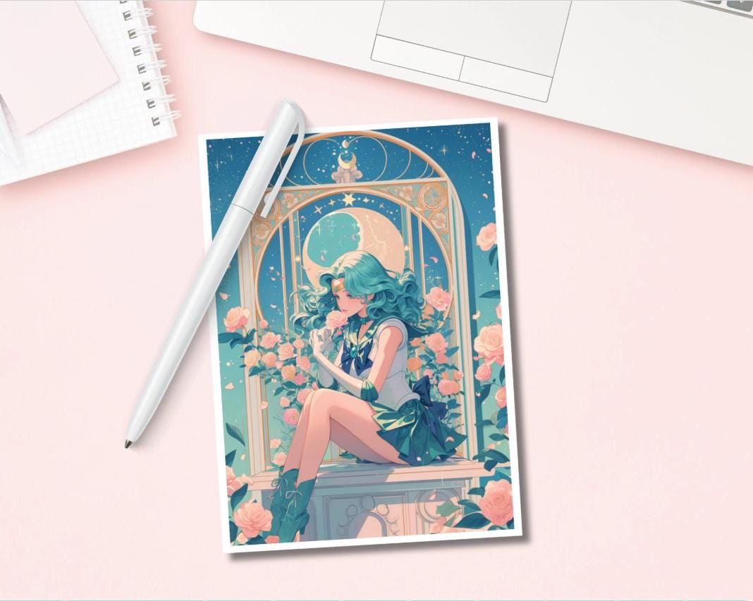Neptune Print,Mucha, Sailor in the style of Alphonse Mucha, Neptune art,Moon art,A5 postcard print,Art Nouveau