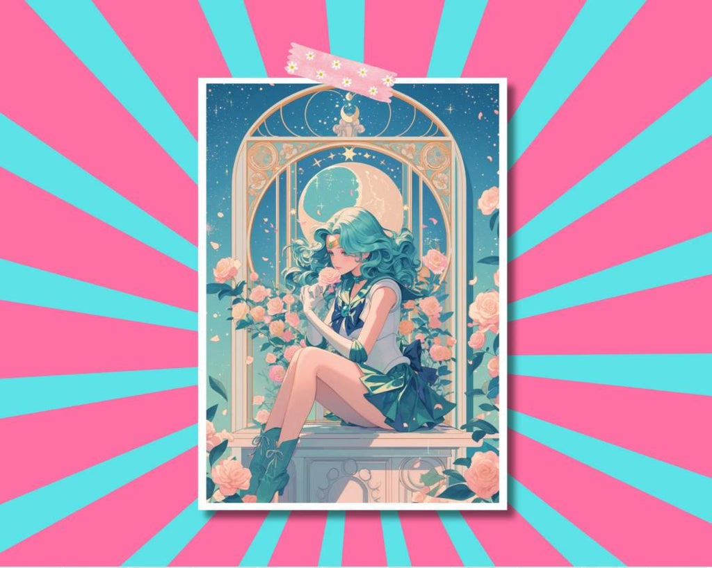 Neptune Print,Mucha, Sailor in the style of Alphonse Mucha, Neptune art,Moon art,A5 postcard print,Art Nouveau