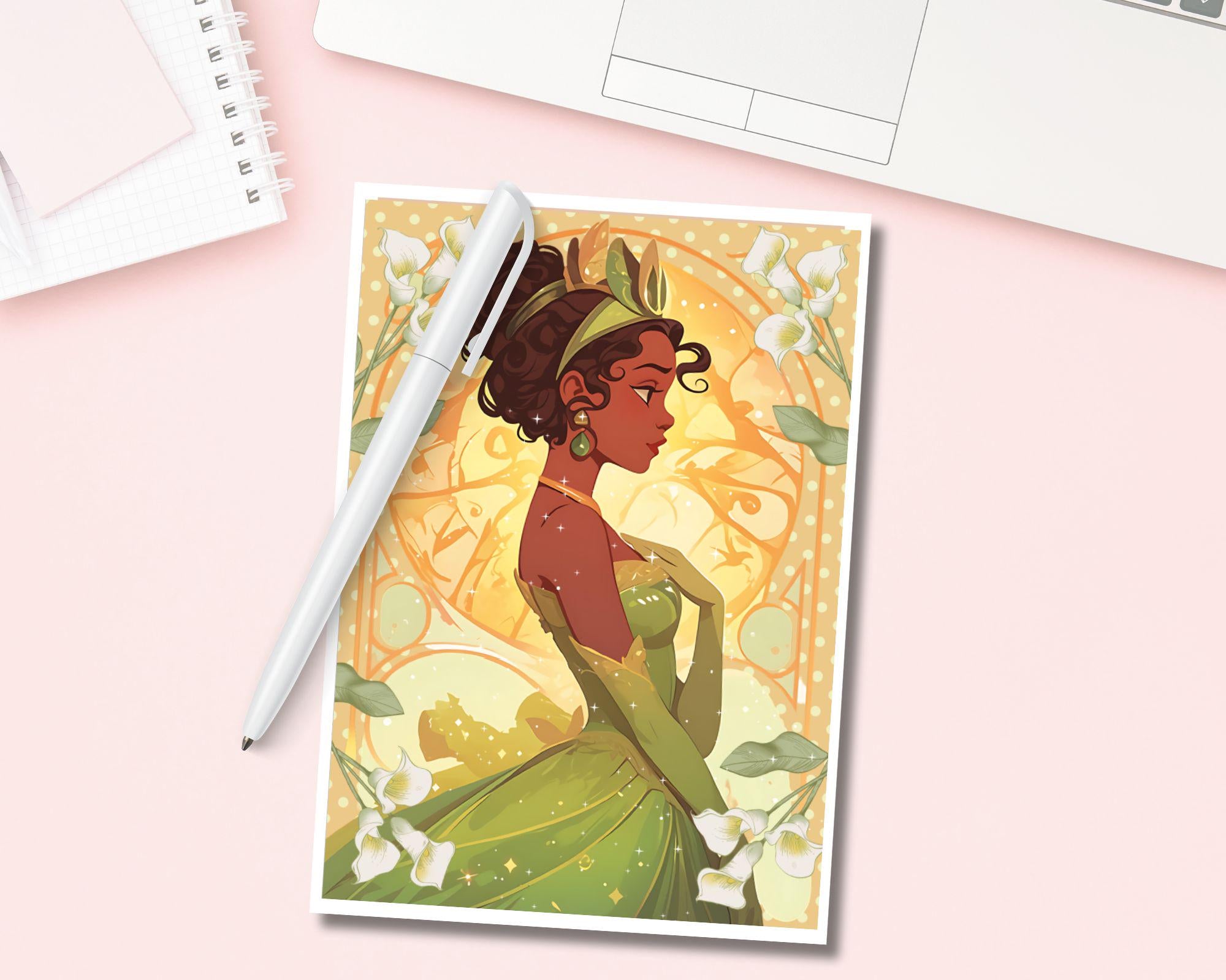 Tiana Princess Print, Mucha print,Tiana Postcard print,Princess Postcard,Princess Tiana art,A5 postcard print,princess and frog print